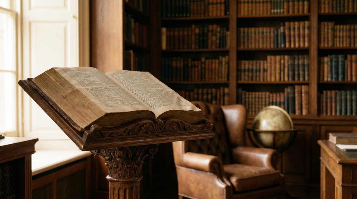 Open Bible resting on a wooden lectern in a quiet study setting